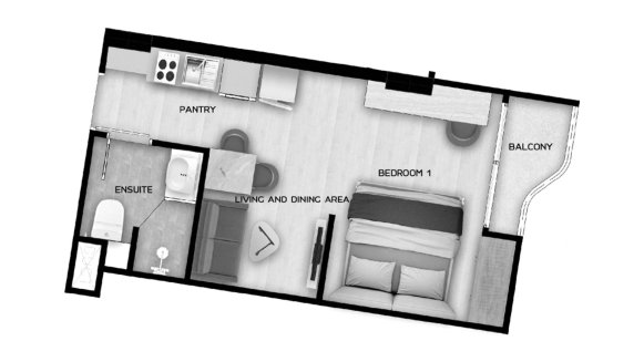 Планировка кондомониума 1 спальня в ЖК Aura Condominium № 11007 (2D)